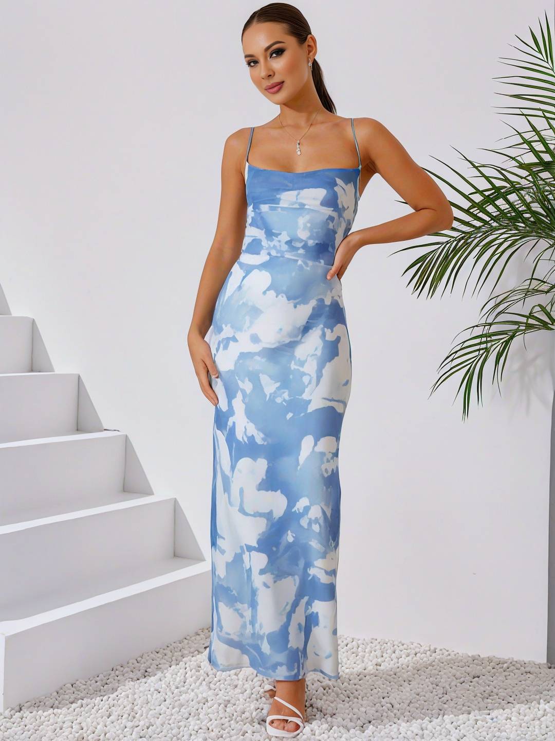 Cocolii robe longue imprimé à fleurie à fines brides dos nu sans manches élégant femme robe de soirée cérémonie