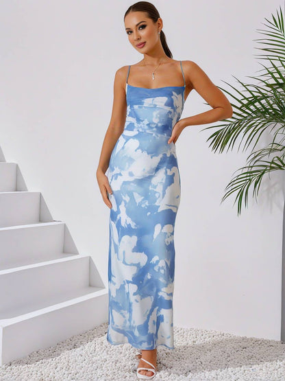 Cocolii robe longue imprimé à fleurie à fines brides dos nu sans manches élégant femme robe de soirée cérémonie