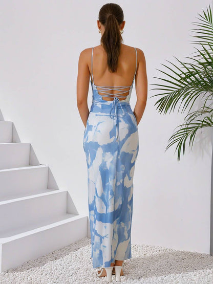 Cocolii robe longue imprimé à fleurie à fines brides dos nu sans manches élégant femme robe de soirée cérémonie