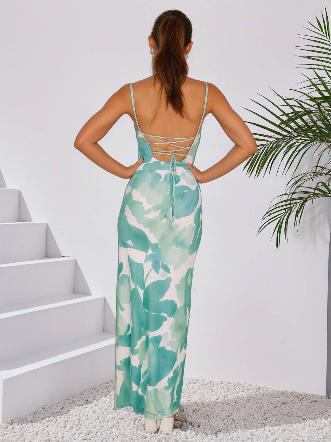 Cocolii robe longue imprimé à fleurie à fines brides dos nu sans manches élégant femme robe de soirée cérémonie