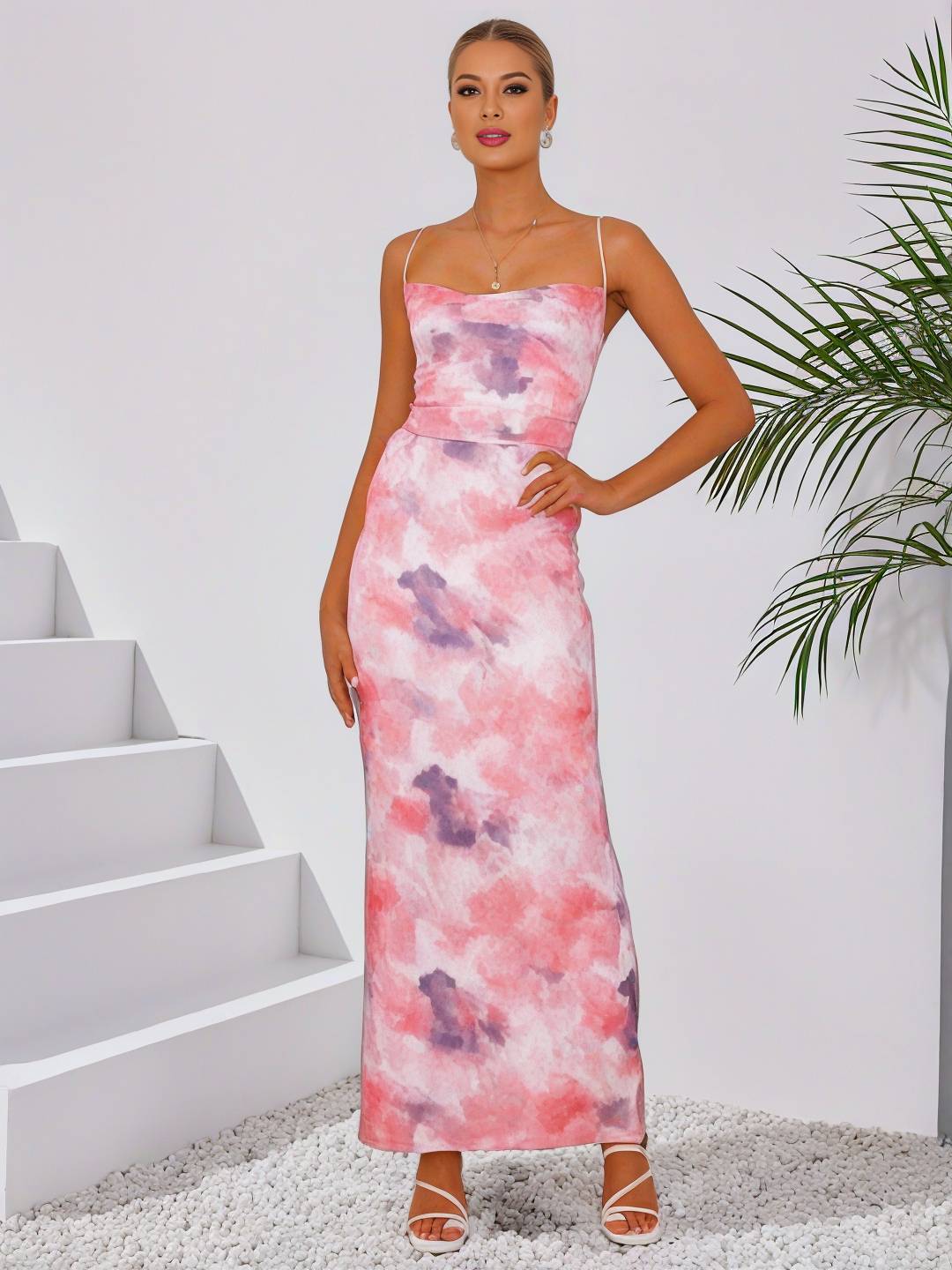 Cocolii robe longue imprimé à fleurie à fines brides dos nu sans manches élégant femme robe de soirée cérémonie