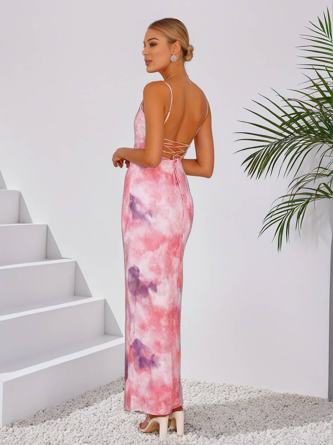 Cocolii robe longue imprimé à fleurie à fines brides dos nu sans manches élégant femme robe de soirée cérémonie