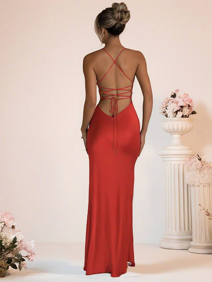 Cocolii robe longue en satin moulante fendu le côté v-cou dos nu sans manches femme casual de soirée bal de promo cérémonie