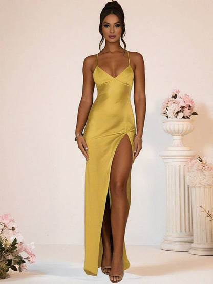 Cocolii robe longue en satin moulante fendu le côté v-cou dos nu sans manches femme casual de soirée bal de promo cérémonie