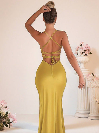 Cocolii robe longue en satin moulante fendu le côté v-cou dos nu sans manches femme casual de soirée bal de promo cérémonie