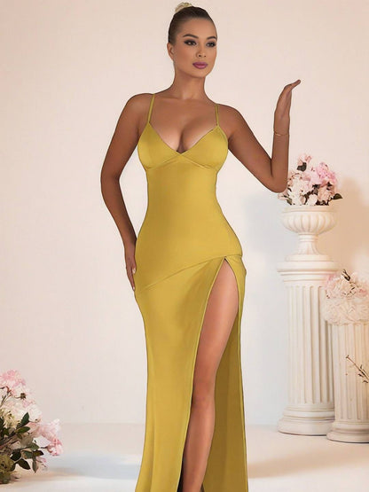 Cocolii robe longue en satin moulante fendu le côté v-cou dos nu sans manches femme casual de soirée bal de promo cérémonie
