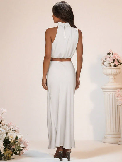 Cocolii robe demoiselle d'honneur satin col roulé sans manches cropped longue jupe femme élégant robe temoin de mariage