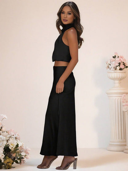 Cocolii robe demoiselle d'honneur satin col roulé sans manches cropped longue jupe femme élégant robe temoin de mariage