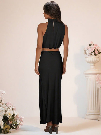 Cocolii robe demoiselle d'honneur satin col roulé sans manches cropped longue jupe femme élégant robe temoin de mariage