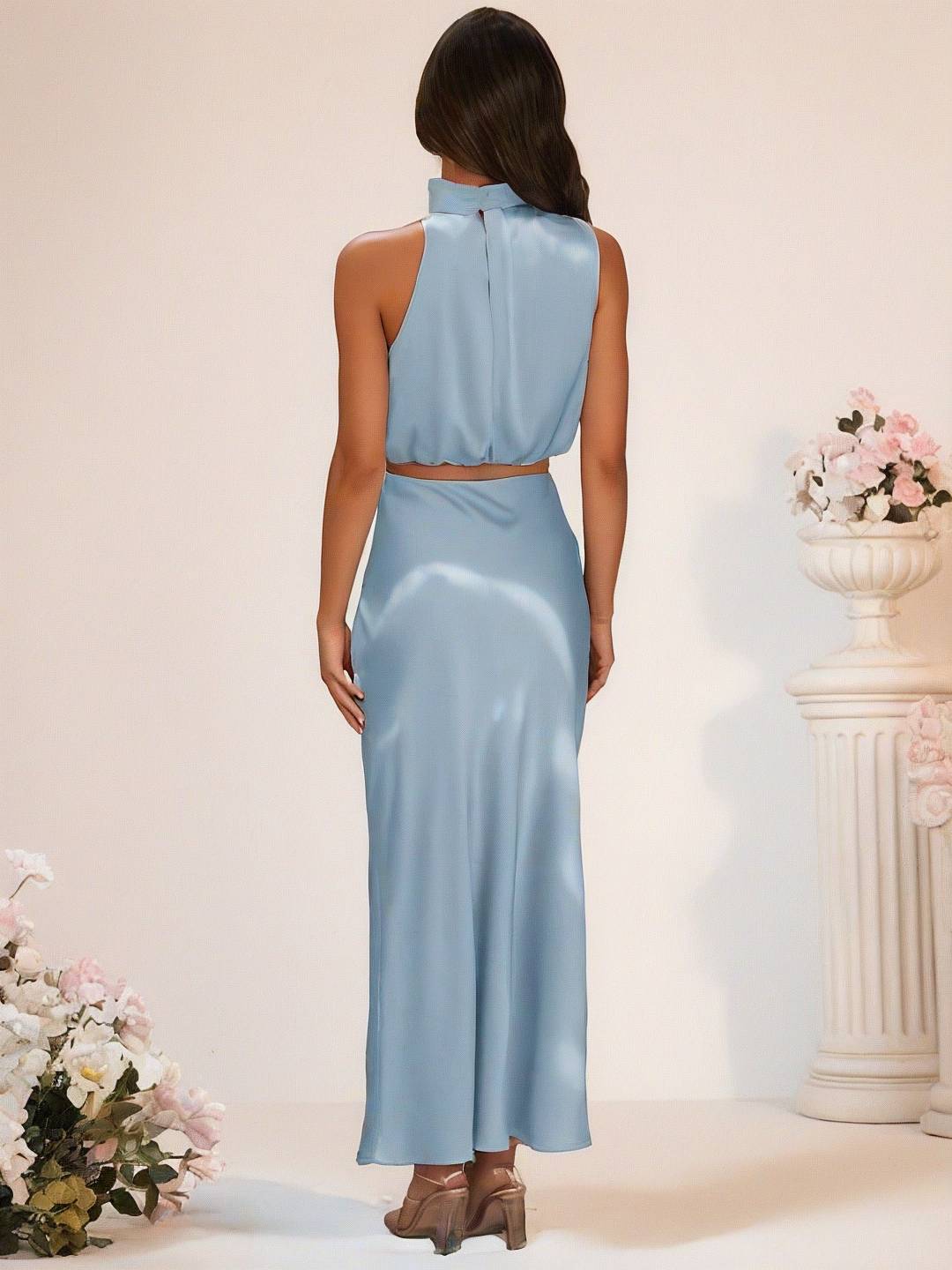 Cocolii robe demoiselle d'honneur satin col roulé sans manches cropped longue jupe femme élégant robe temoin de mariage