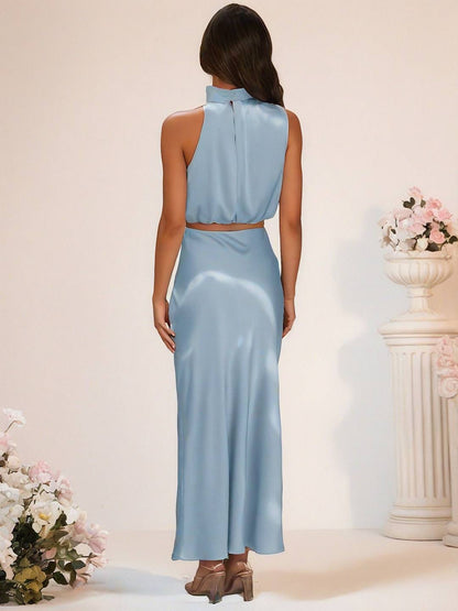 Cocolii robe demoiselle d'honneur satin col roulé sans manches cropped longue jupe femme élégant robe temoin de mariage