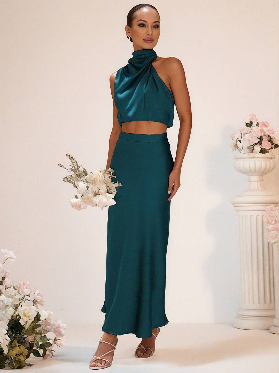 Cocolii robe demoiselle d'honneur satin col roulé sans manches cropped longue jupe femme élégant robe temoin de mariage