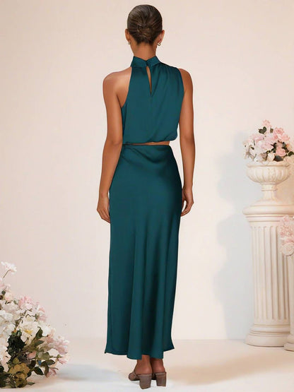 Cocolii robe demoiselle d'honneur satin col roulé sans manches cropped longue jupe femme élégant robe temoin de mariage