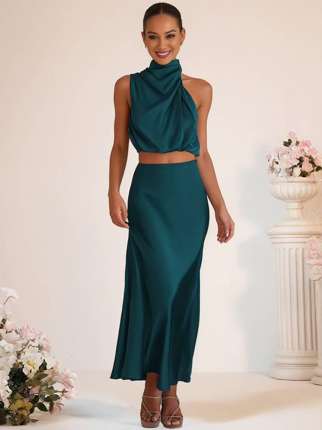 Cocolii robe demoiselle d'honneur satin col roulé sans manches cropped longue jupe femme élégant robe temoin de mariage