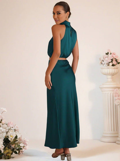 Cocolii robe demoiselle d'honneur satin col roulé sans manches cropped longue jupe femme élégant robe temoin de mariage