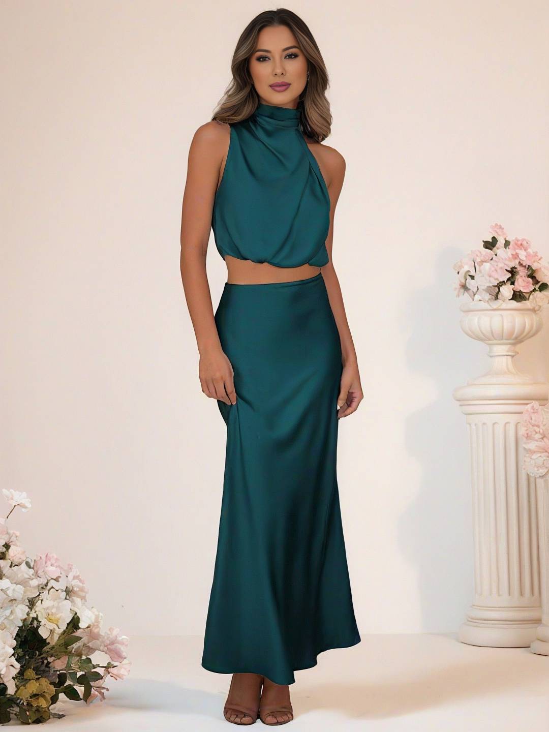 Cocolii robe demoiselle d'honneur satin col roulé sans manches cropped longue jupe femme élégant robe temoin de mariage