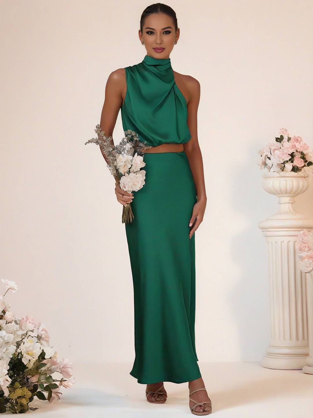 Cocolii robe demoiselle d'honneur satin col roulé sans manches cropped longue jupe femme élégant robe temoin de mariage