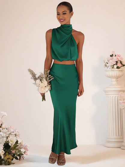 Cocolii robe demoiselle d'honneur satin col roulé sans manches cropped longue jupe femme élégant robe temoin de mariage