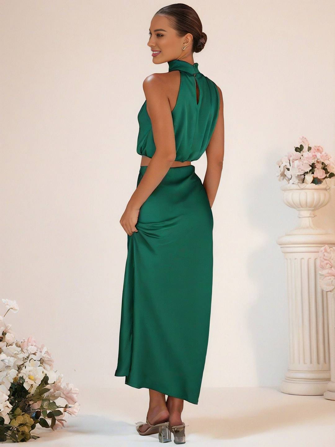 Cocolii robe demoiselle d'honneur satin col roulé sans manches cropped longue jupe femme élégant robe temoin de mariage