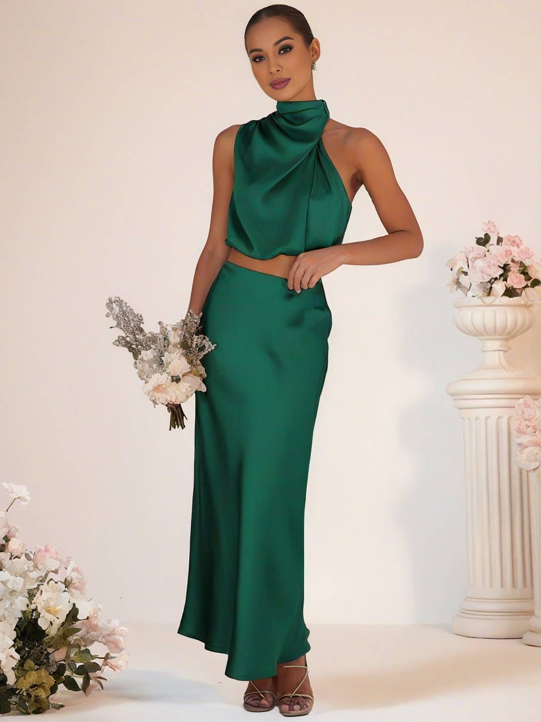 Cocolii robe demoiselle d'honneur satin col roulé sans manches cropped longue jupe femme élégant robe temoin de mariage