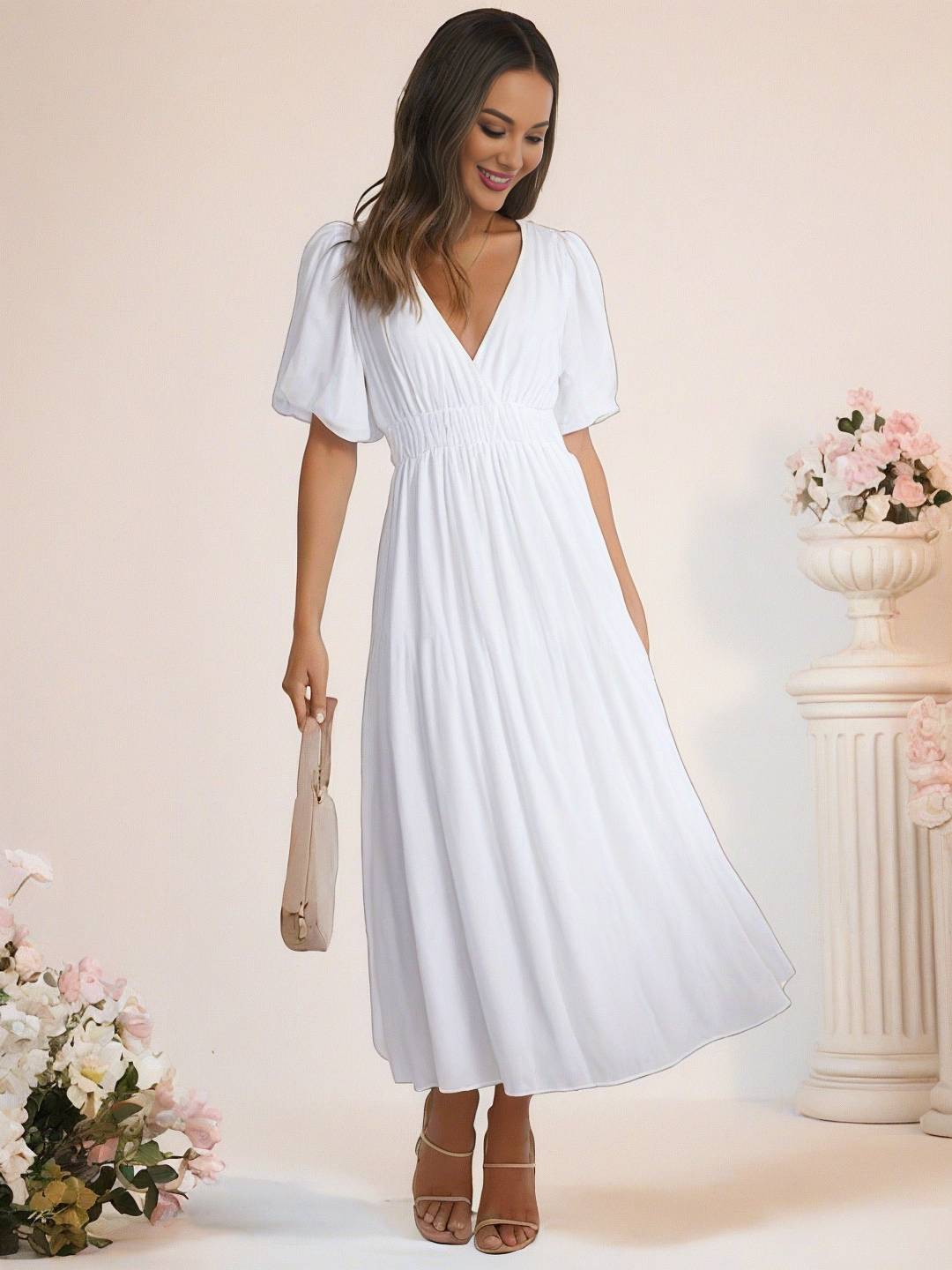 Cocolii longue robe boho v-cou à volantée manches bouffantes manches courtes élégant décontracté de plage anniversaire