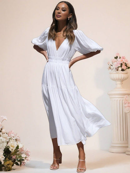 Cocolii longue robe boho v-cou à volantée manches bouffantes manches courtes élégant décontracté de plage anniversaire