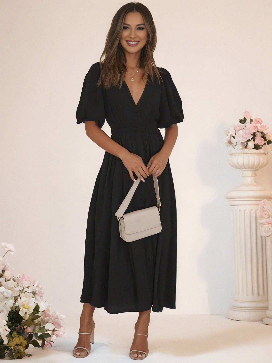 Cocolii longue robe boho v-cou à volantée manches bouffantes manches courtes élégant décontracté de plage anniversaire