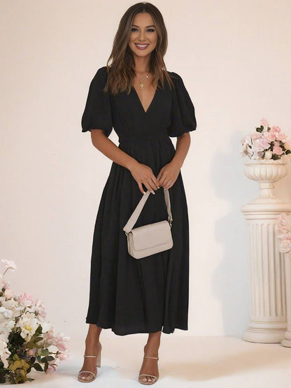 Cocolii longue robe boho v-cou à volantée manches bouffantes manches courtes élégant décontracté de plage anniversaire