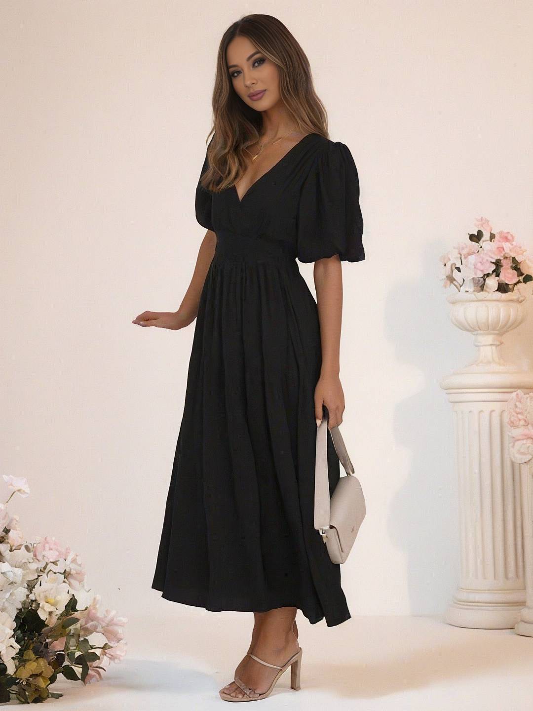 Cocolii longue robe boho v-cou à volantée manches bouffantes manches courtes élégant décontracté de plage anniversaire