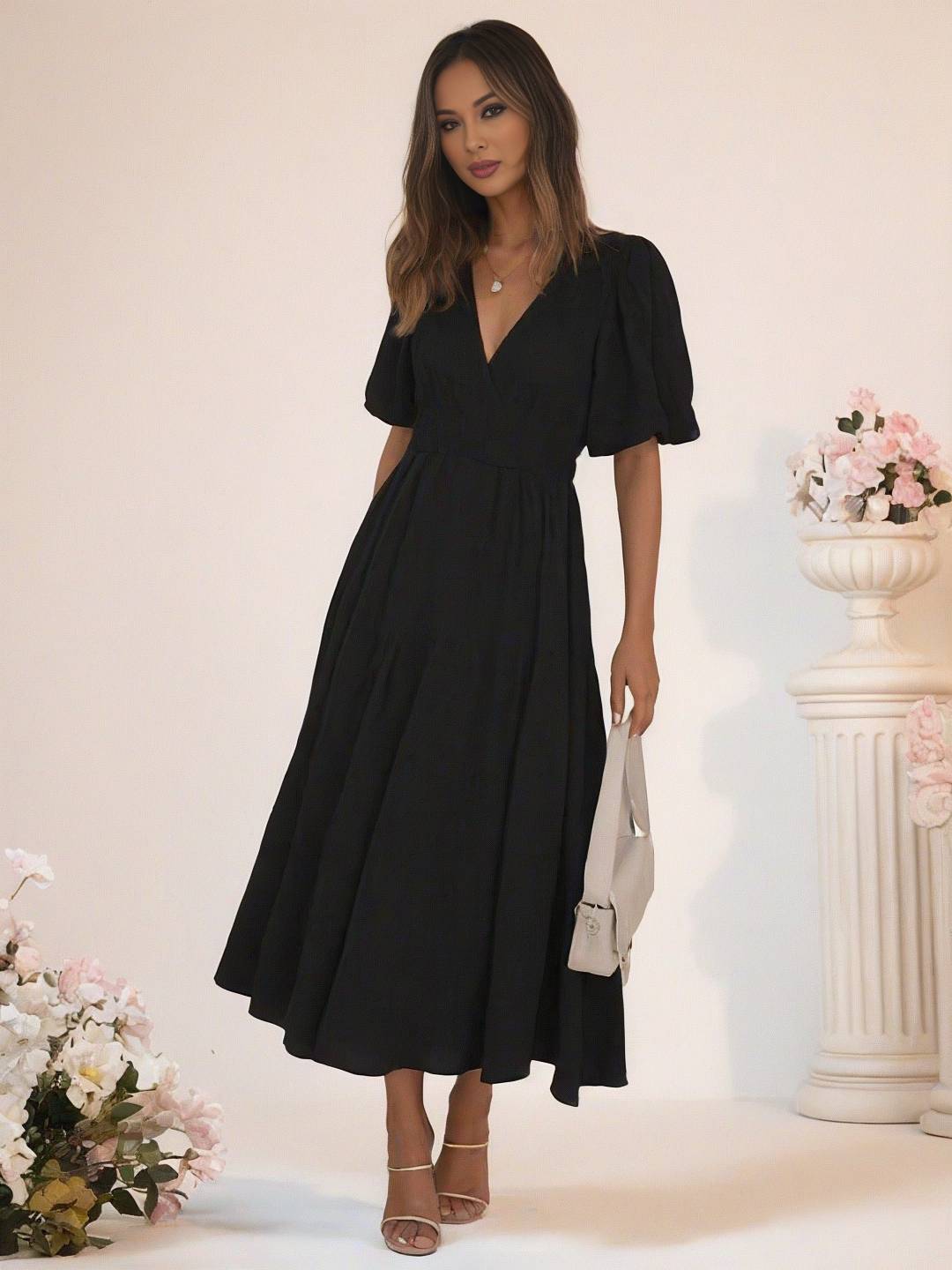 Cocolii longue robe boho v-cou à volantée manches bouffantes manches courtes élégant décontracté de plage anniversaire