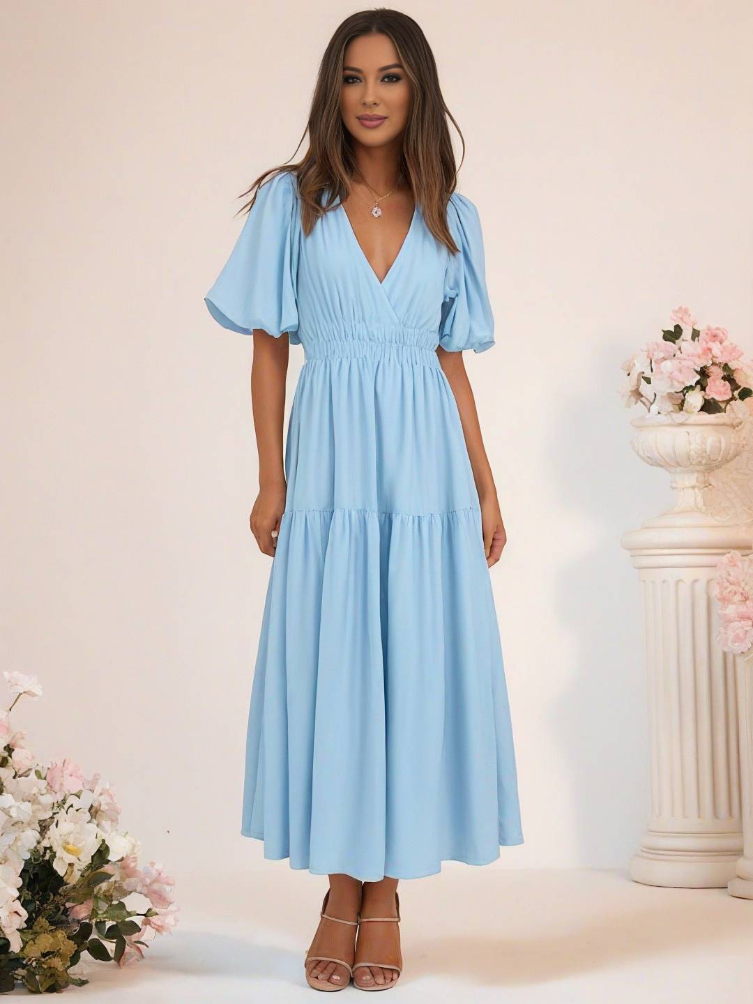 Cocolii longue robe boho v-cou à volantée manches bouffantes manches courtes élégant décontracté de plage anniversaire