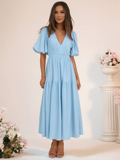 Cocolii longue robe boho v-cou à volantée manches bouffantes manches courtes élégant décontracté de plage anniversaire