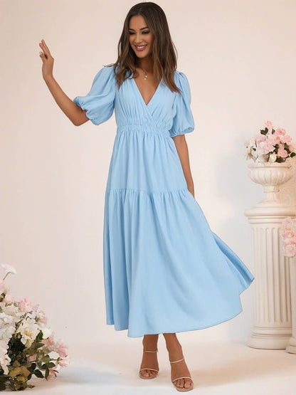 Cocolii longue robe boho v-cou à volantée manches bouffantes manches courtes élégant décontracté de plage anniversaire