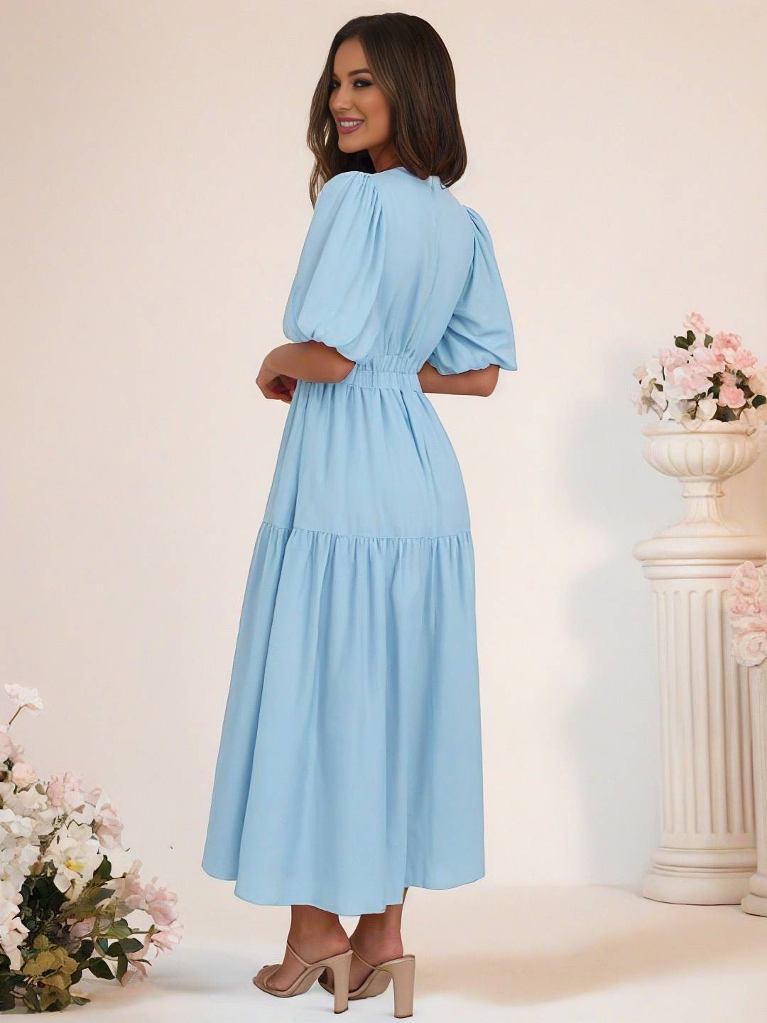 Cocolii longue robe boho v-cou à volantée manches bouffantes manches courtes élégant décontracté de plage anniversaire