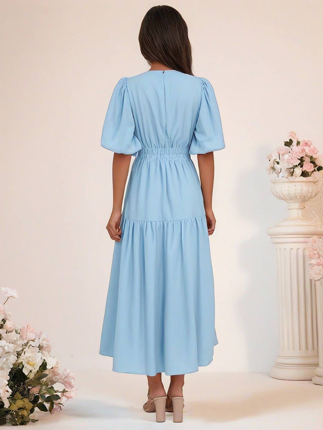 Cocolii longue robe boho v-cou à volantée manches bouffantes manches courtes élégant décontracté de plage anniversaire