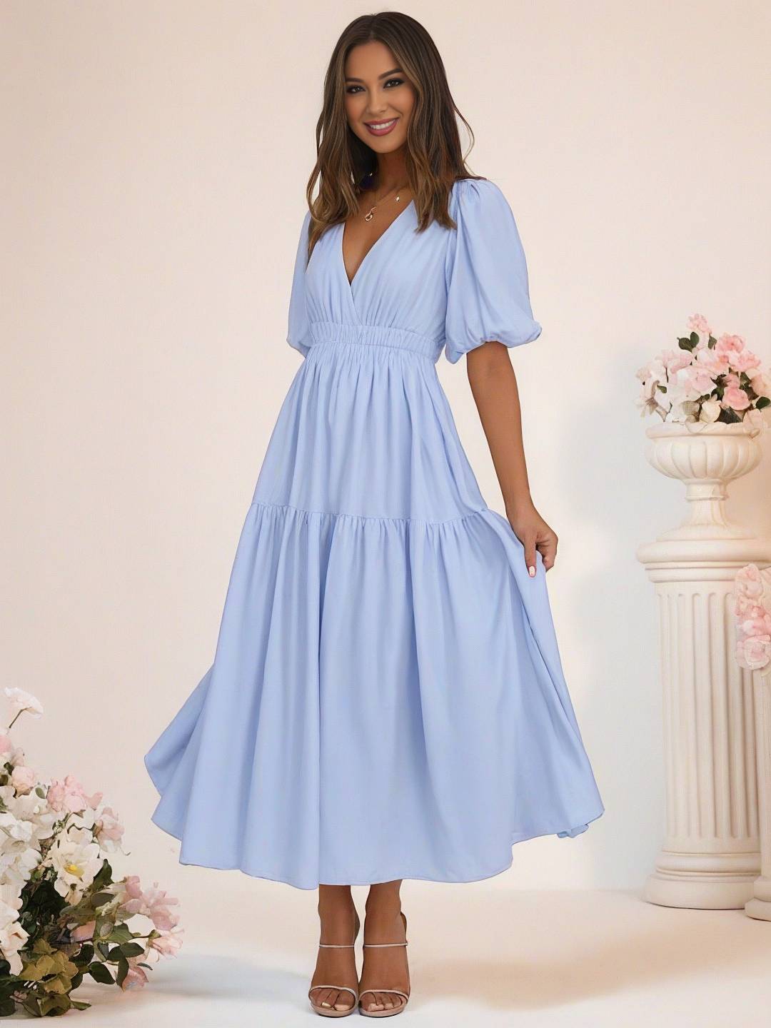 Cocolii longue robe boho v-cou à volantée manches bouffantes manches courtes élégant décontracté de plage anniversaire