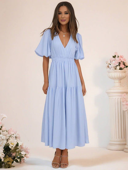 Cocolii longue robe boho v-cou à volantée manches bouffantes manches courtes élégant décontracté de plage anniversaire