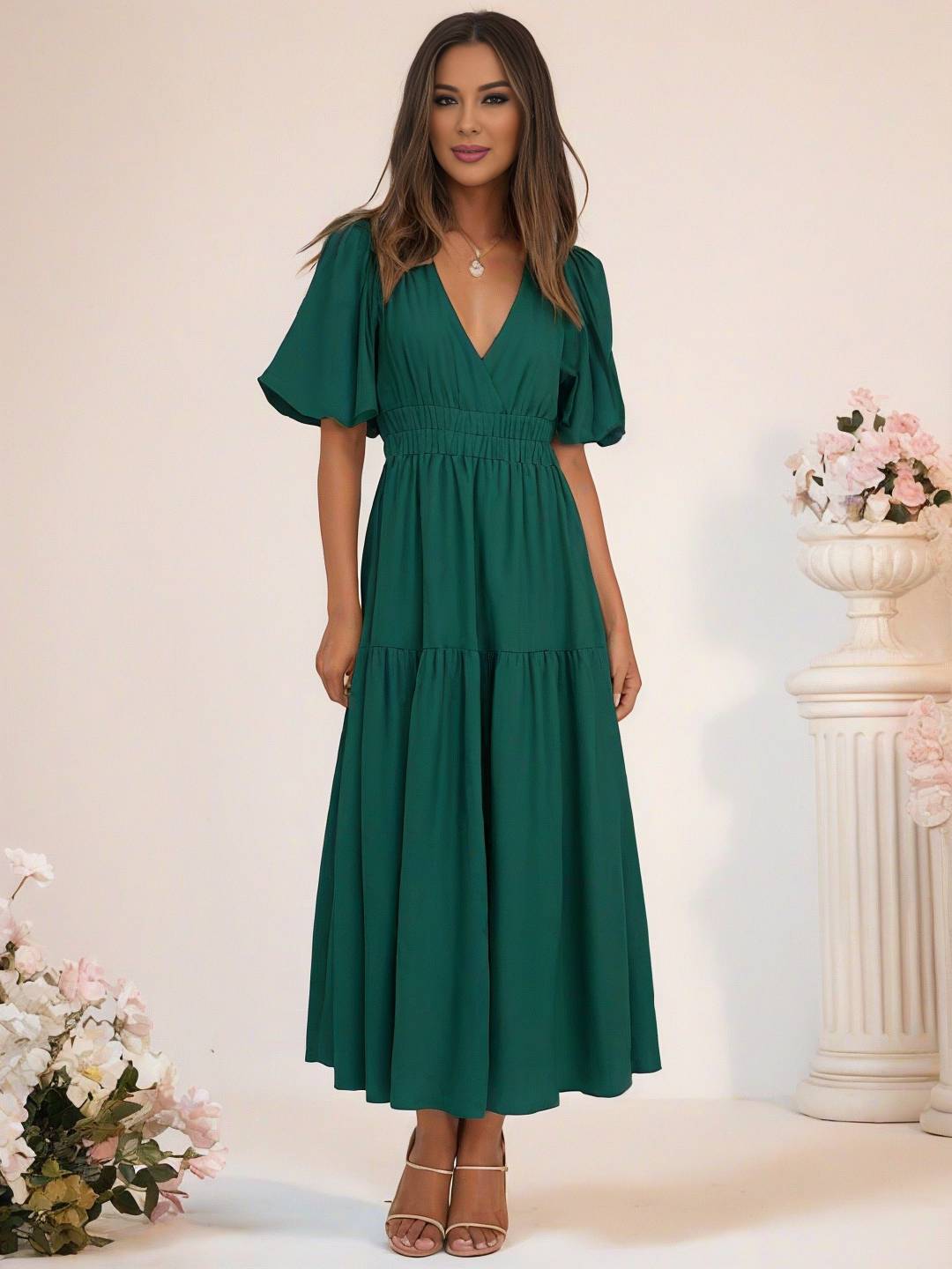 Cocolii longue robe boho v-cou à volantée manches bouffantes manches courtes élégant décontracté de plage anniversaire