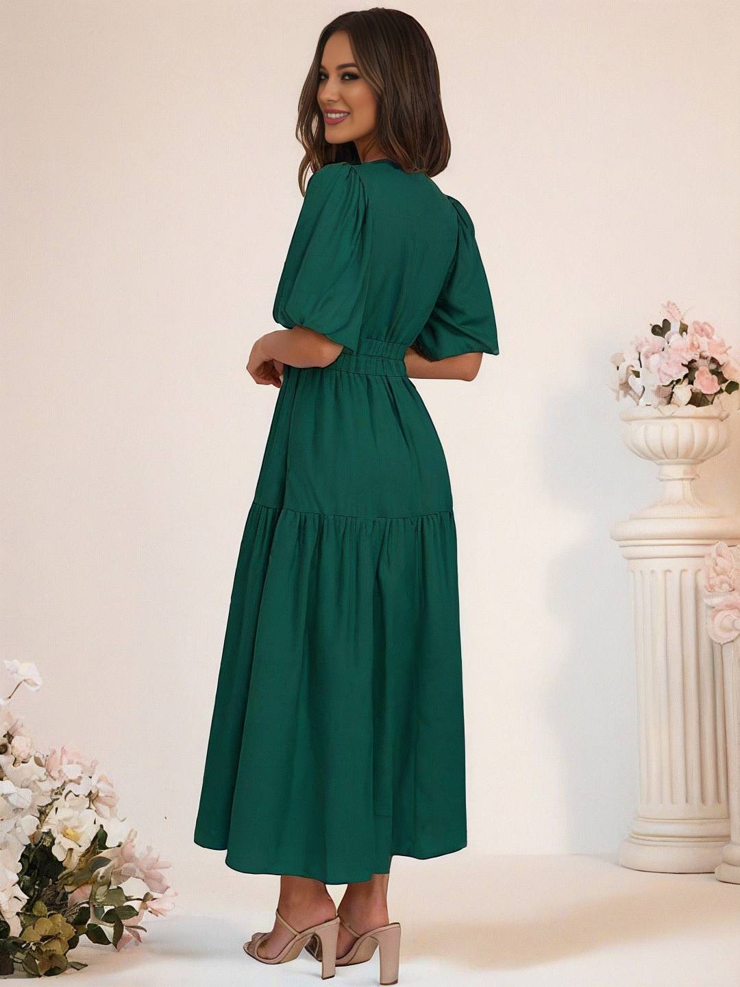 Cocolii longue robe boho v-cou à volantée manches bouffantes manches courtes élégant décontracté de plage anniversaire