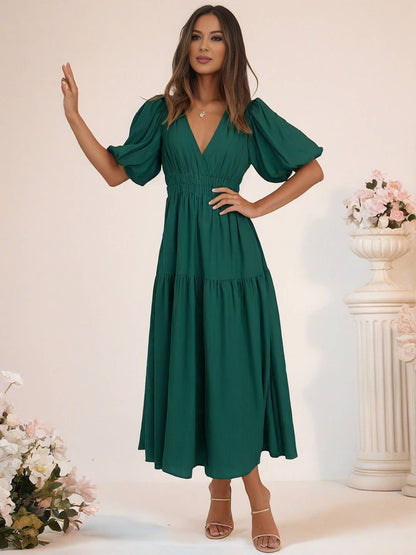 Cocolii longue robe boho v-cou à volantée manches bouffantes manches courtes élégant décontracté de plage anniversaire