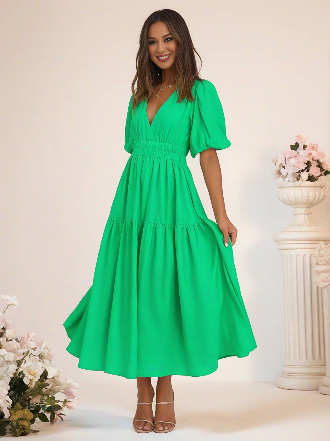 Cocolii longue robe boho v-cou à volantée manches bouffantes manches courtes élégant décontracté de plage anniversaire