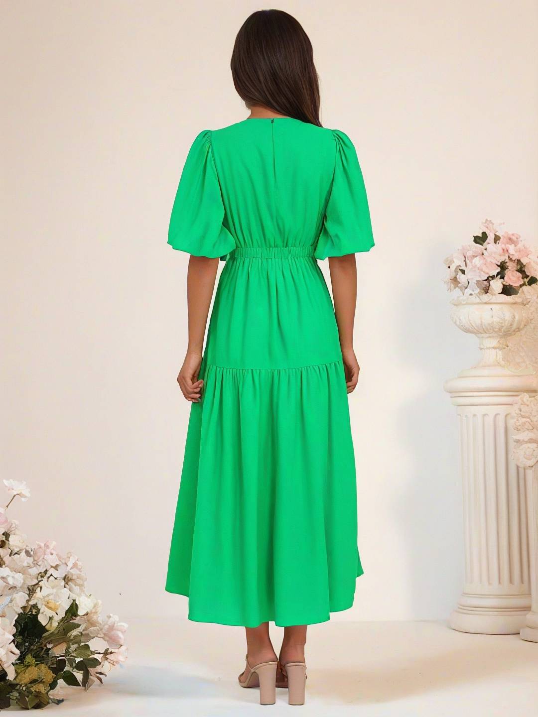 Cocolii longue robe boho v-cou à volantée manches bouffantes manches courtes élégant décontracté de plage anniversaire