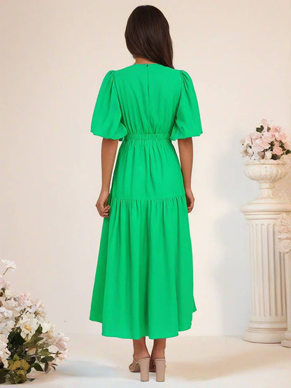 Cocolii longue robe boho v-cou à volantée manches bouffantes manches courtes élégant décontracté de plage anniversaire