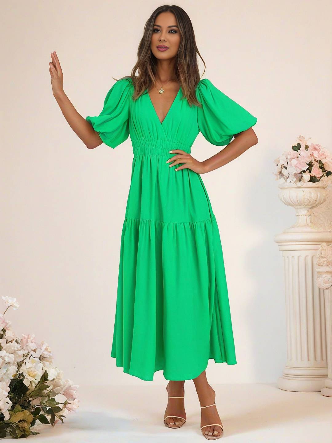 Cocolii longue robe boho v-cou à volantée manches bouffantes manches courtes élégant décontracté de plage anniversaire