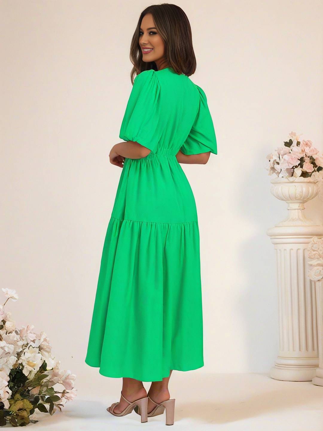 Cocolii longue robe boho v-cou à volantée manches bouffantes manches courtes élégant décontracté de plage anniversaire