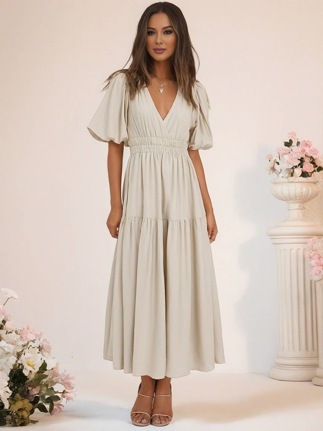 Cocolii longue robe boho v-cou à volantée manches bouffantes manches courtes élégant décontracté de plage anniversaire