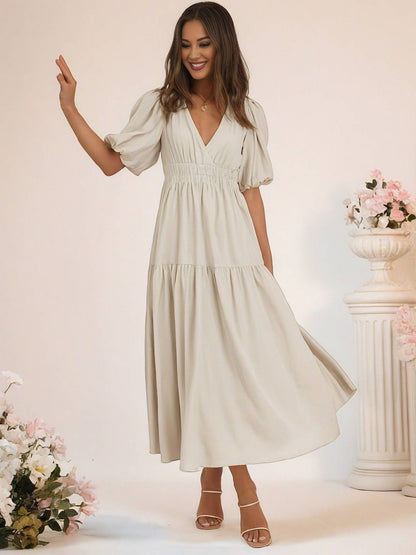 Cocolii longue robe boho v-cou à volantée manches bouffantes manches courtes élégant décontracté de plage anniversaire