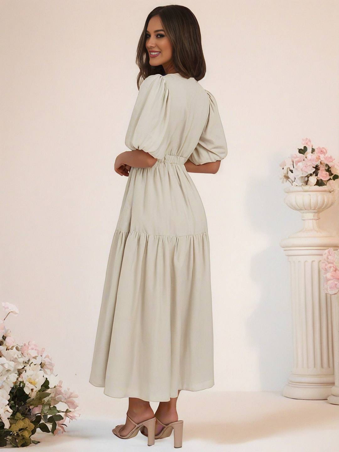 Cocolii longue robe boho v-cou à volantée manches bouffantes manches courtes élégant décontracté de plage anniversaire