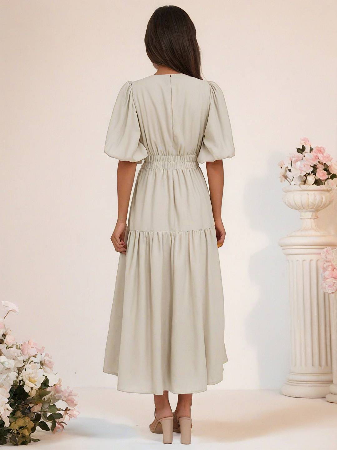 Cocolii longue robe boho v-cou à volantée manches bouffantes manches courtes élégant décontracté de plage anniversaire