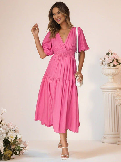 Cocolii longue robe boho v-cou à volantée manches bouffantes manches courtes élégant décontracté de plage anniversaire